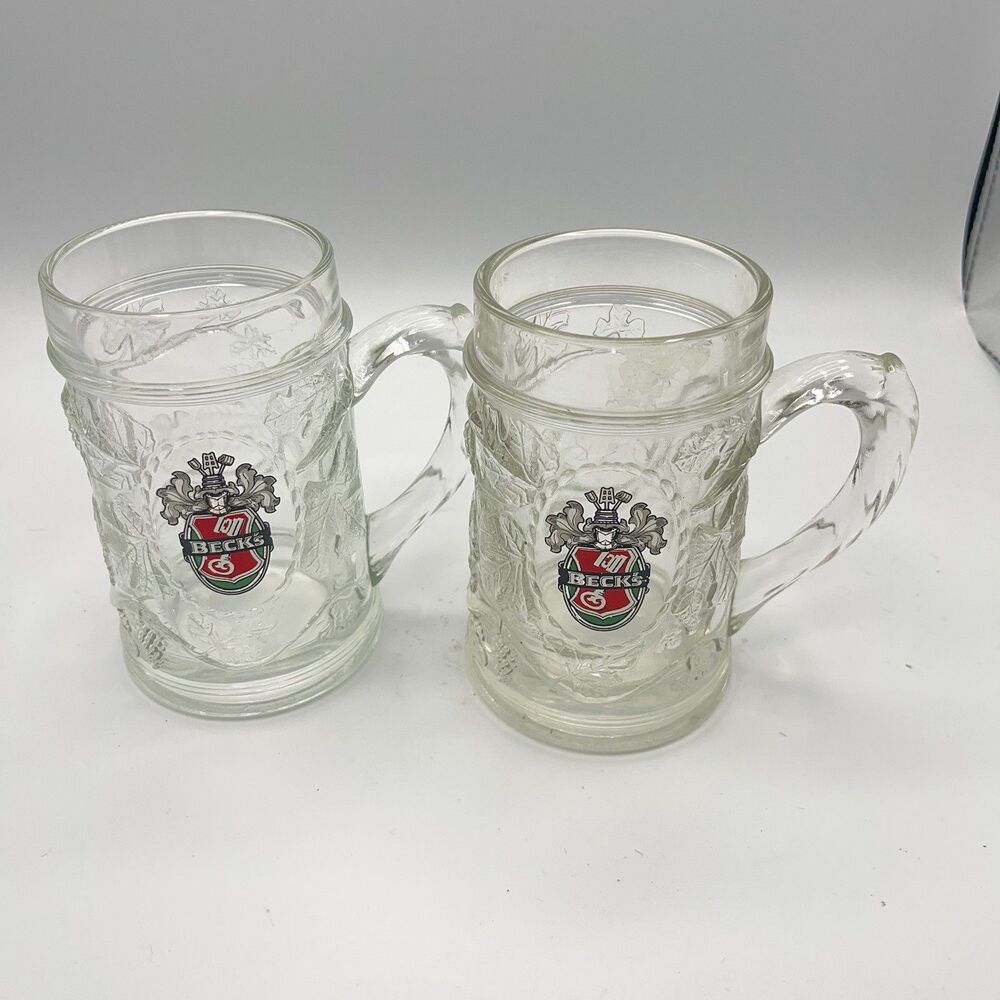 Becks Beer Heavy Thick Glass Mug Stein Grape Leaf Design Germany Set Of 2